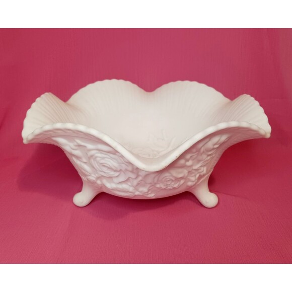 VTG Imperial Embossed Roses White Satin Milk Glass Bowl Scalloped Edge 3 Footed - Picture 1 of 7
